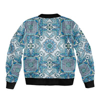 Indian Mandala Pattern Sleeve Zip Bomber Jacket Blue Geometric Floral Mandala