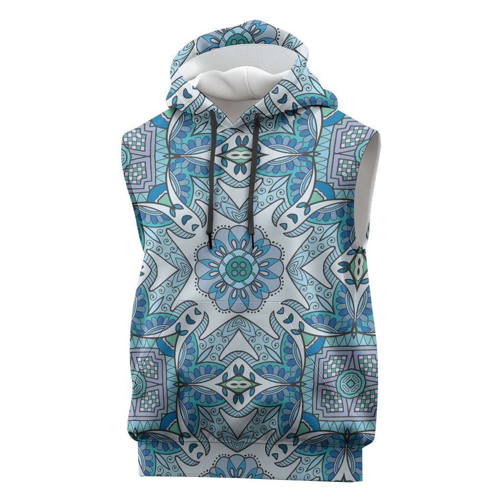 Indian Mandala Pattern Sleeveless Hoodie Blue Geometric Floral Mandala
