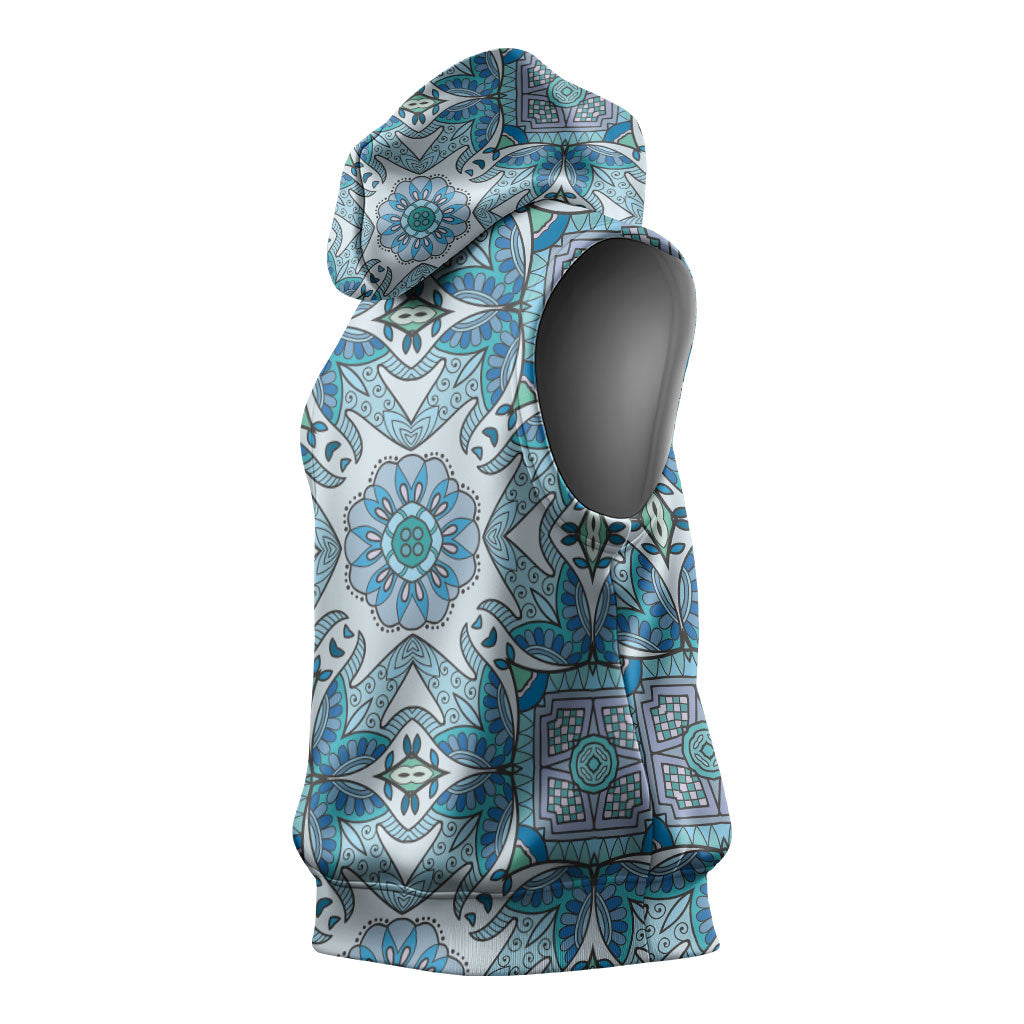 Indian Mandala Pattern Sleeveless Hoodie Blue Geometric Floral Mandala