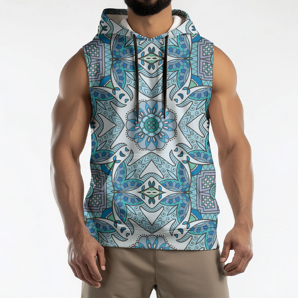 Indian Mandala Pattern Sleeveless Hoodie Blue Geometric Floral Mandala