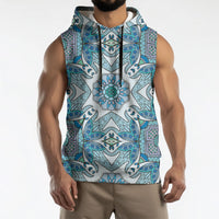 Indian Mandala Pattern Sleeveless Hoodie Blue Geometric Floral Mandala