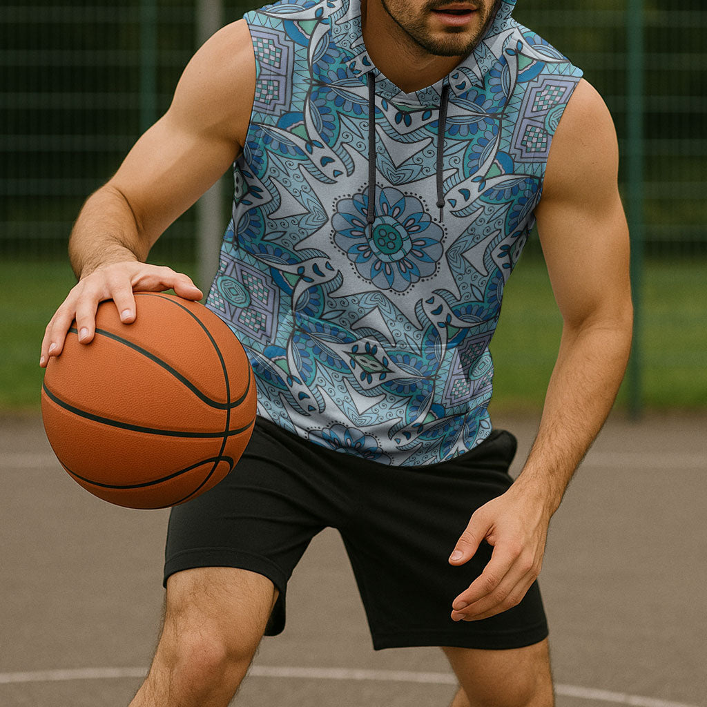 Indian Mandala Pattern Sleeveless Hoodie Blue Geometric Floral Mandala