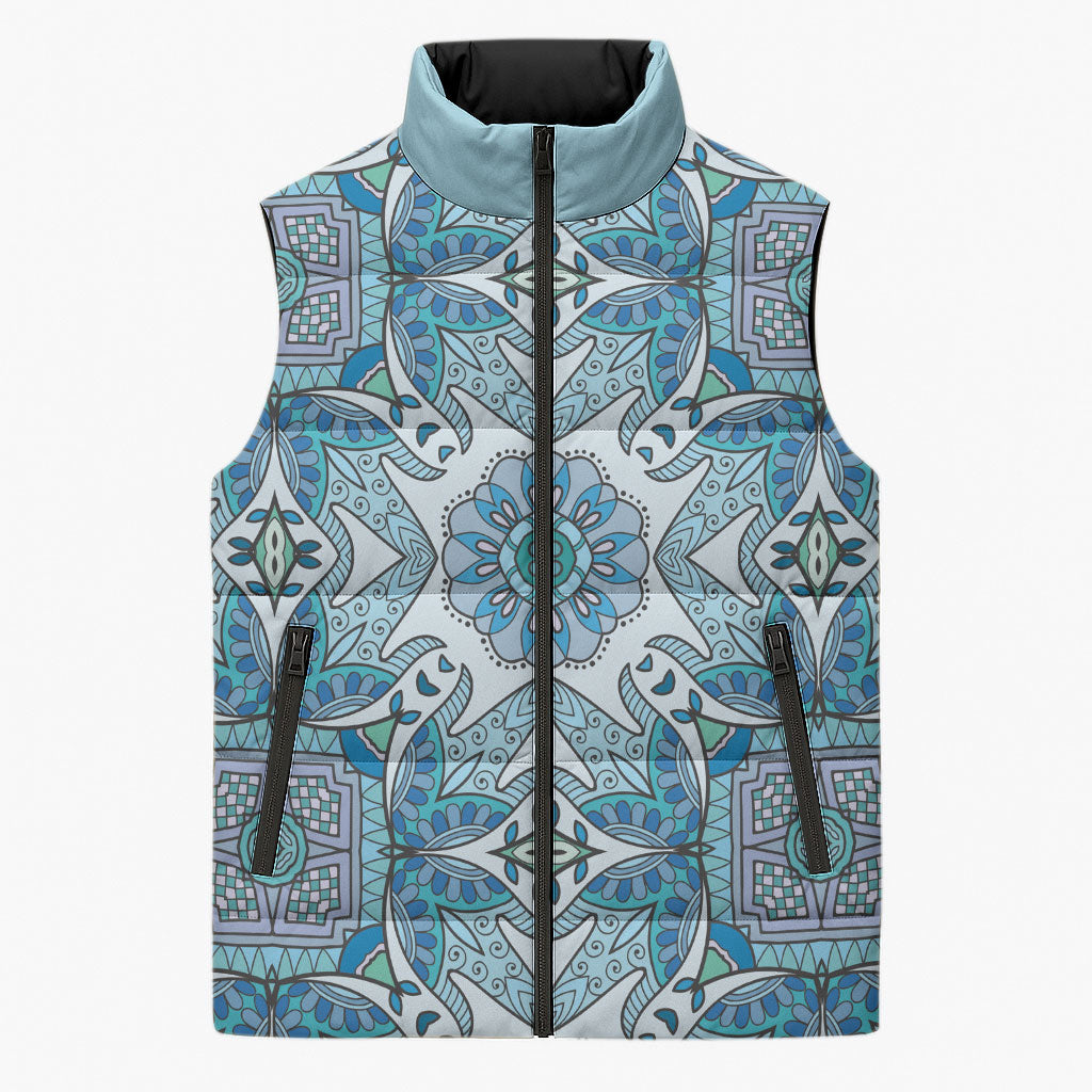 Indian Mandala Pattern Sleeveless Puffer Jacket Blue Geometric Floral Mandala
