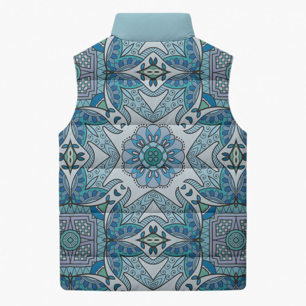 Indian Mandala Pattern Sleeveless Puffer Jacket Blue Geometric Floral Mandala