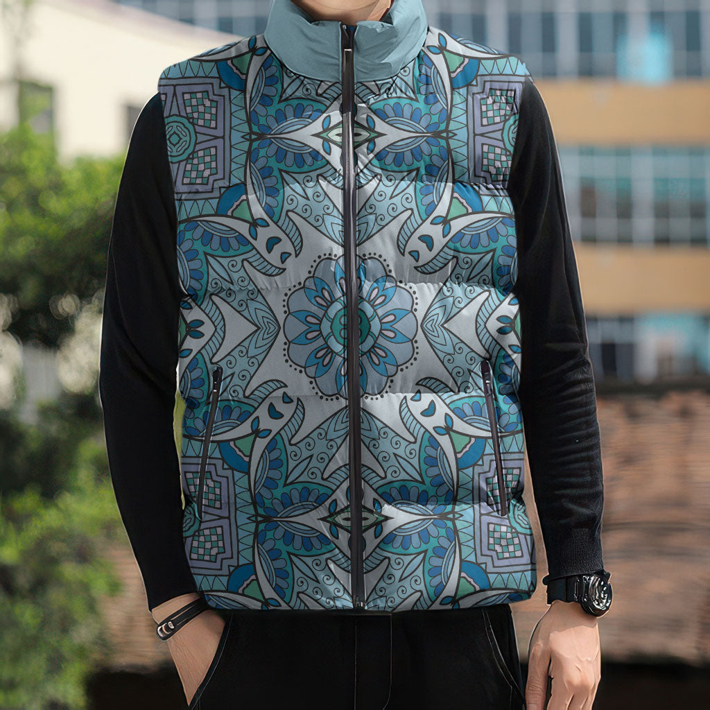 Indian Mandala Pattern Sleeveless Puffer Jacket Blue Geometric Floral Mandala