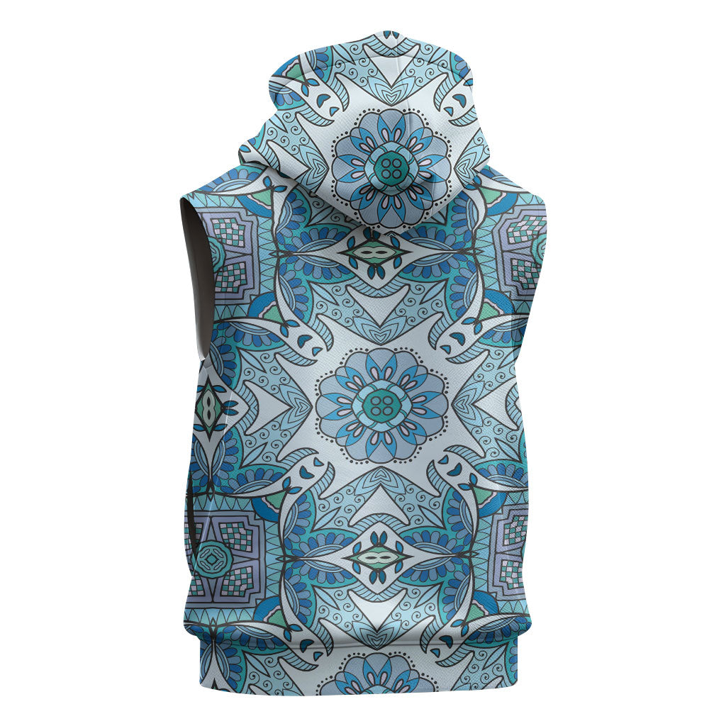 Indian Mandala Pattern Sleeveless Zip Hoodie Blue Geometric Floral Mandala