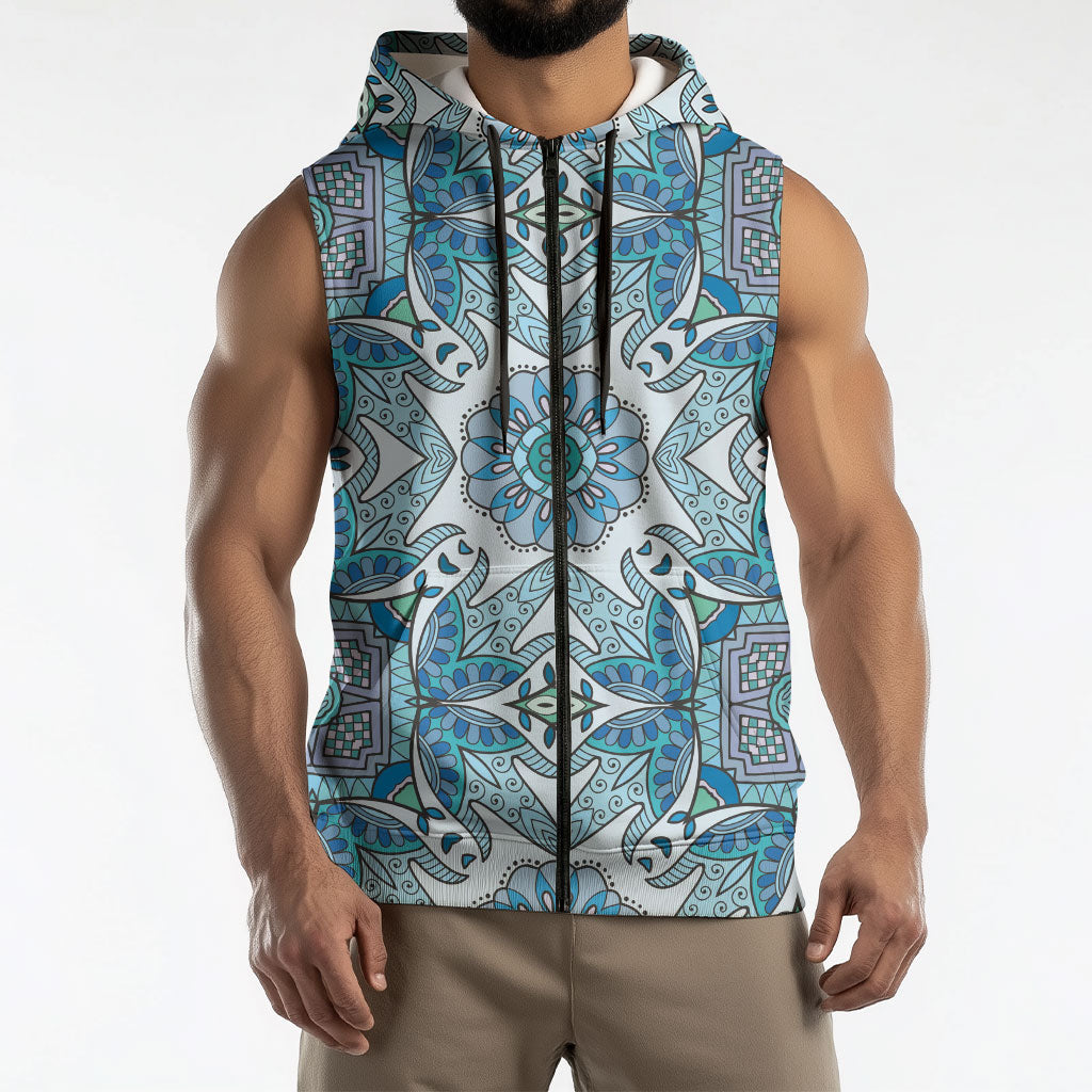 Indian Mandala Pattern Sleeveless Zip Hoodie Blue Geometric Floral Mandala