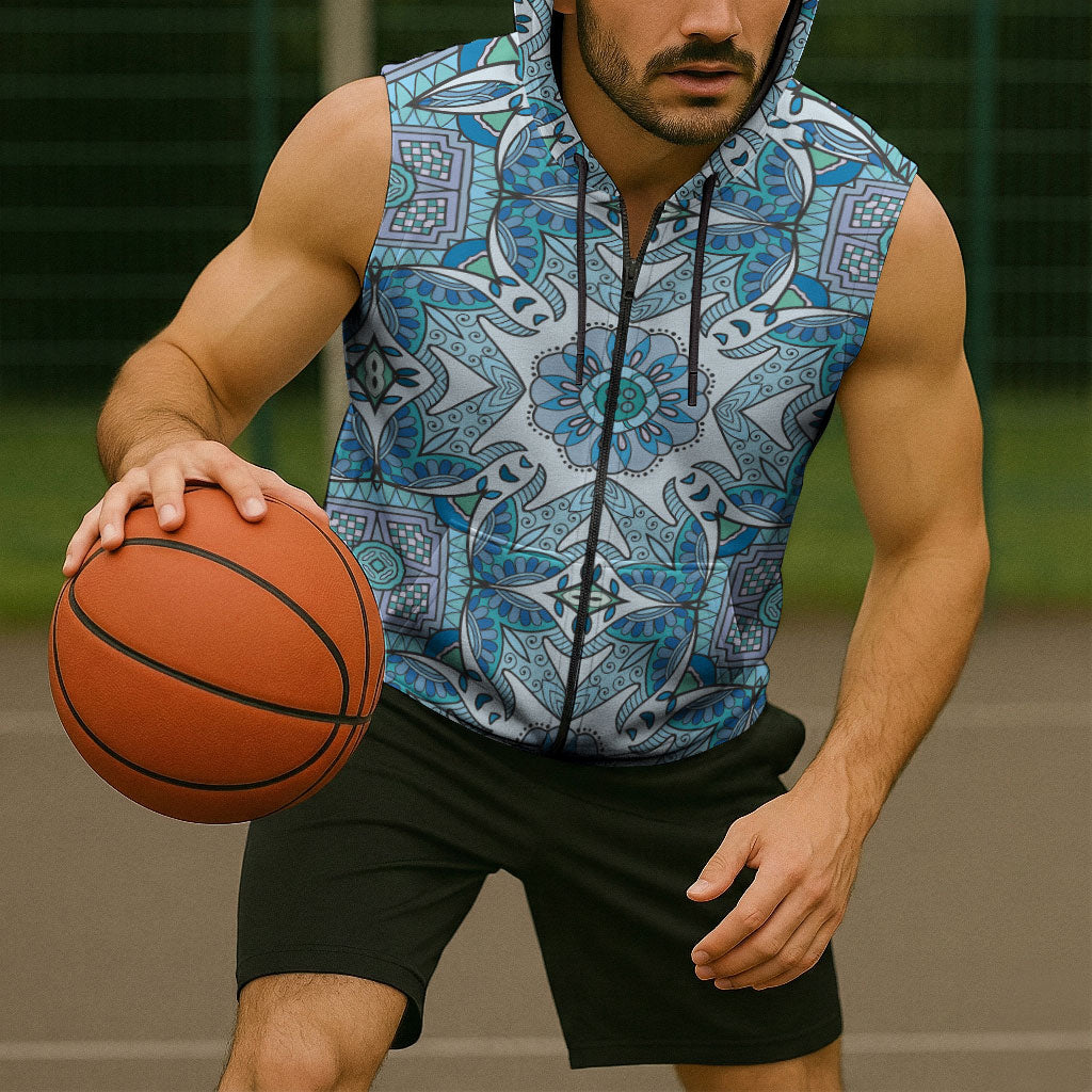 Indian Mandala Pattern Sleeveless Zip Hoodie Blue Geometric Floral Mandala