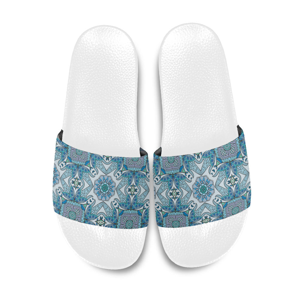 Indian Mandala Pattern Slide Sandals Blue Geometric Floral Mandala