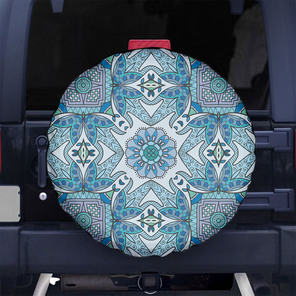 Indian Mandala Pattern Spare Tire Cover Blue Geometric Floral Mandala