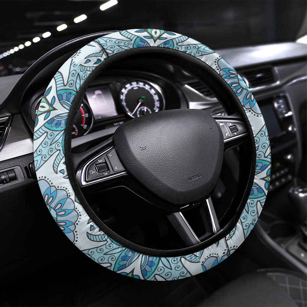 Indian Mandala Pattern Steering Wheel Cover Blue Geometric Floral Mandala