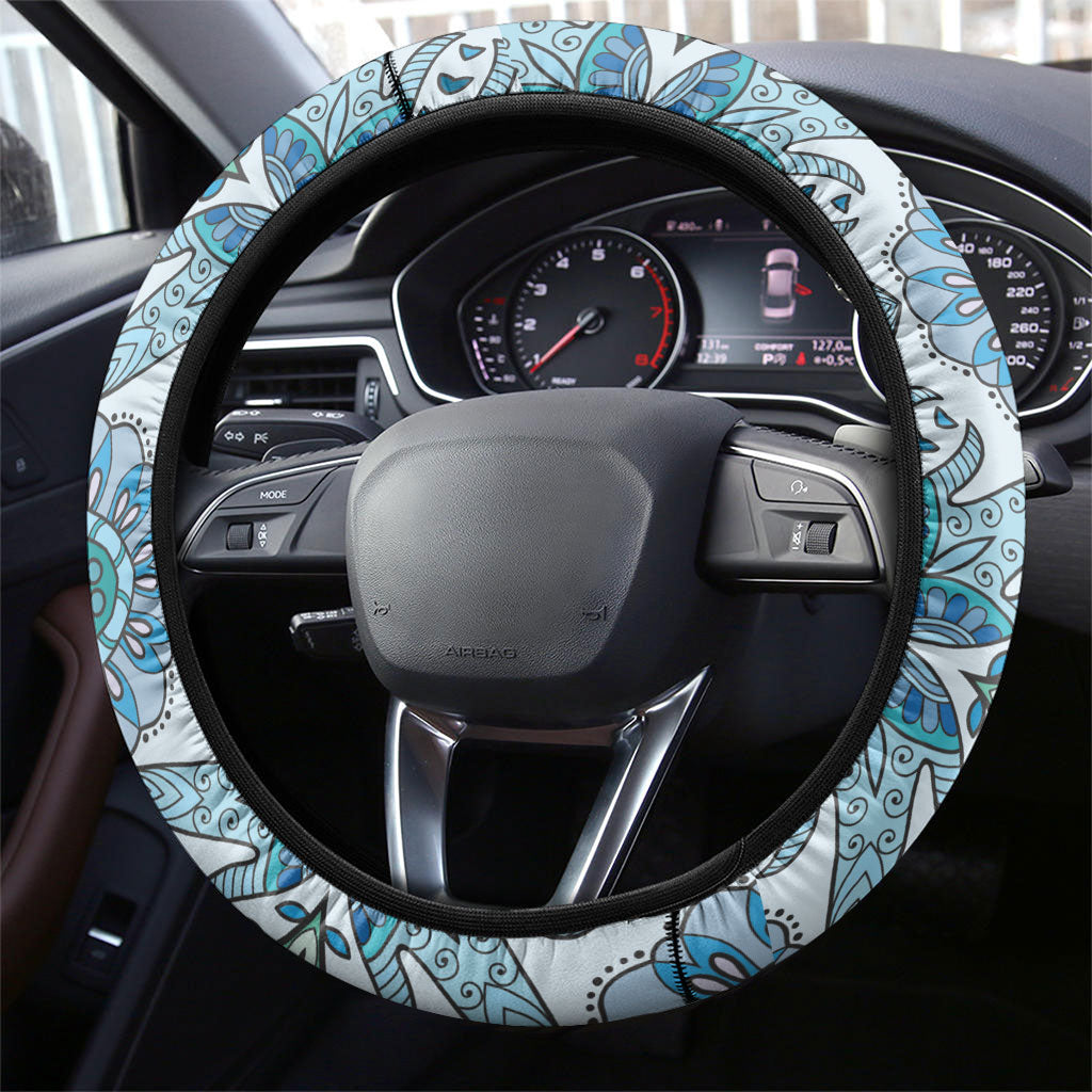 Indian Mandala Pattern Steering Wheel Cover Blue Geometric Floral Mandala