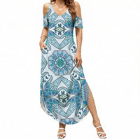 Indian Mandala Pattern Summer Maxi Dress Blue Geometric Floral Mandala