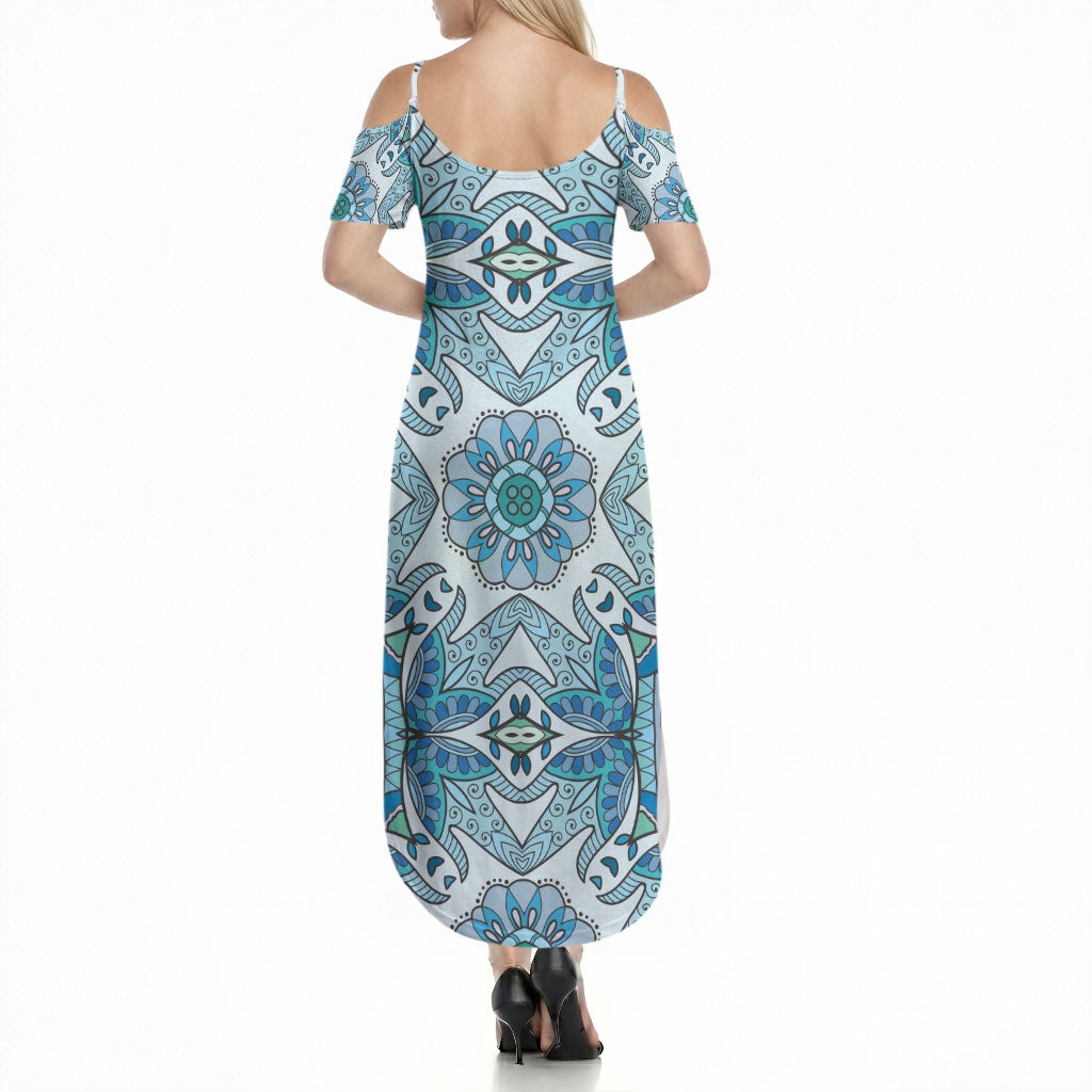 Indian Mandala Pattern Summer Maxi Dress Blue Geometric Floral Mandala
