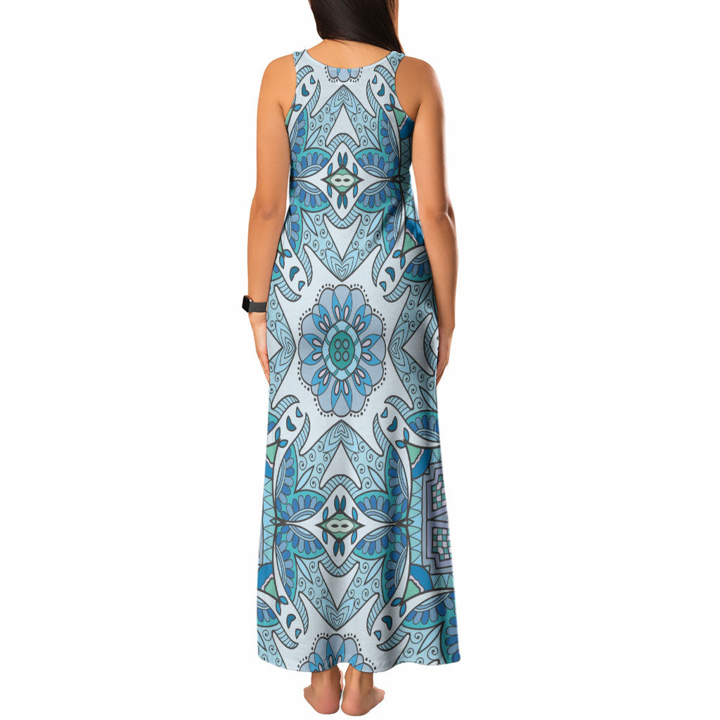 Indian Mandala Pattern Tank Maxi Dress Blue Geometric Floral Mandala