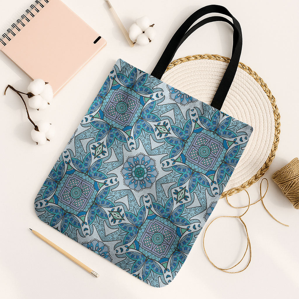 Indian Mandala Pattern Tote Bag Blue Geometric Floral Mandala