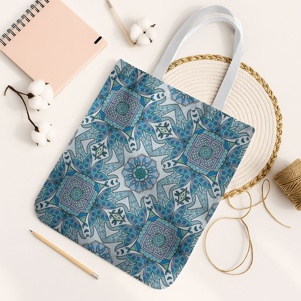 Indian Mandala Pattern Tote Bag Blue Geometric Floral Mandala