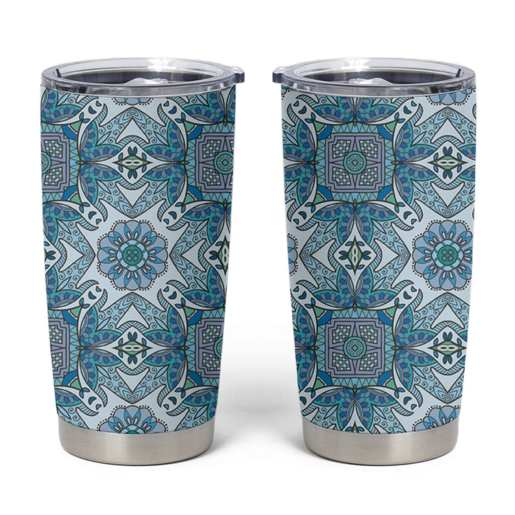 Indian Mandala Pattern Tumbler Cup Blue Geometric Floral Mandala
