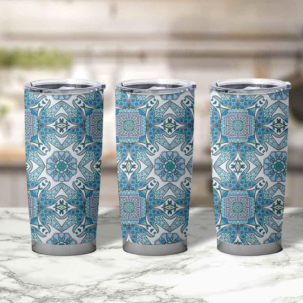 Indian Mandala Pattern Tumbler Cup Blue Geometric Floral Mandala