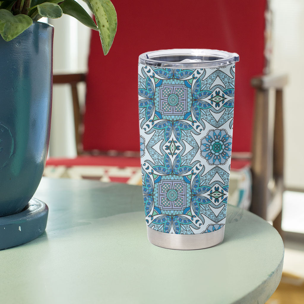 Indian Mandala Pattern Tumbler Cup Blue Geometric Floral Mandala