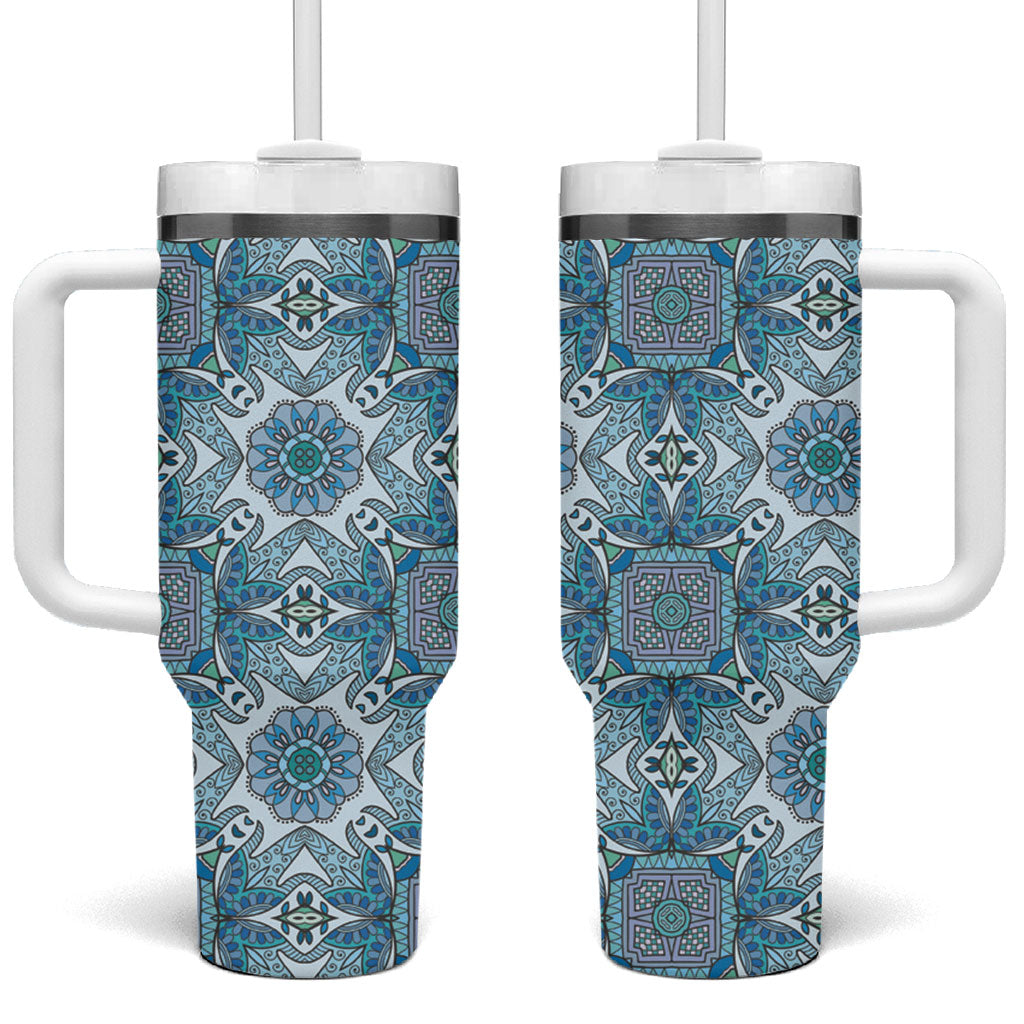 Indian Mandala Pattern Tumbler With Handle Blue Geometric Floral Mandala