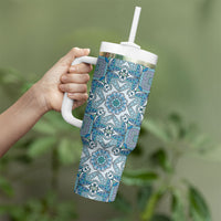 Indian Mandala Pattern Tumbler With Handle Blue Geometric Floral Mandala