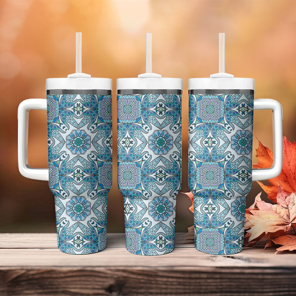Indian Mandala Pattern Tumbler With Handle Blue Geometric Floral Mandala