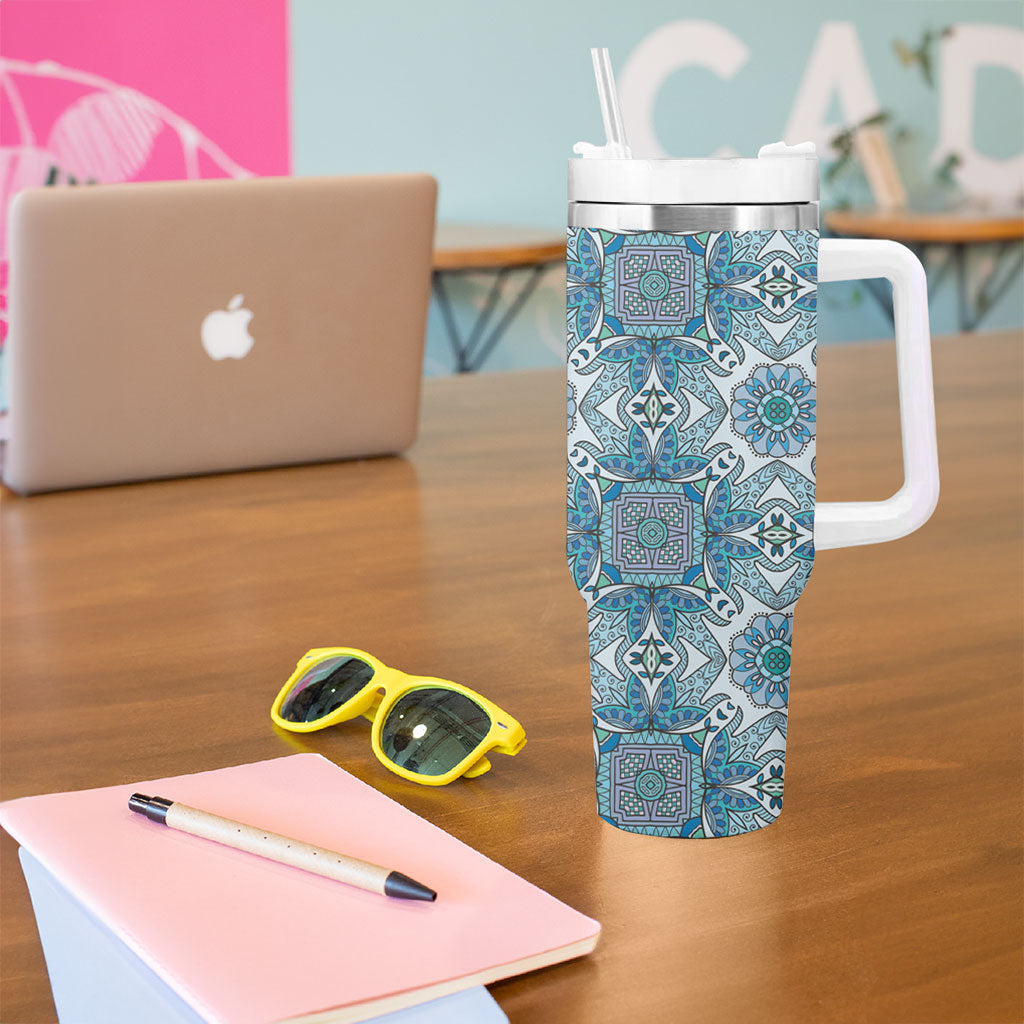 Indian Mandala Pattern Tumbler With Handle Blue Geometric Floral Mandala