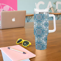 Indian Mandala Pattern Tumbler With Handle Blue Geometric Floral Mandala