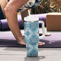 Indian Mandala Pattern Tumbler With Handle Blue Geometric Floral Mandala