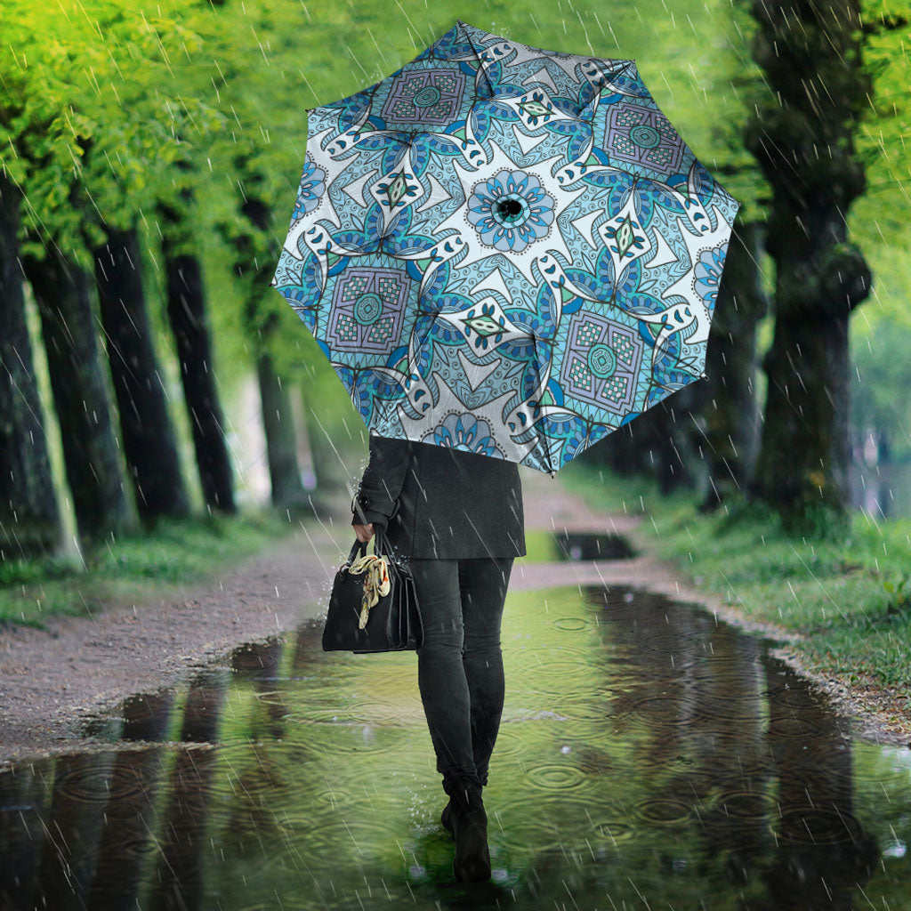 Indian Mandala Pattern Umbrella Blue Geometric Floral Mandala