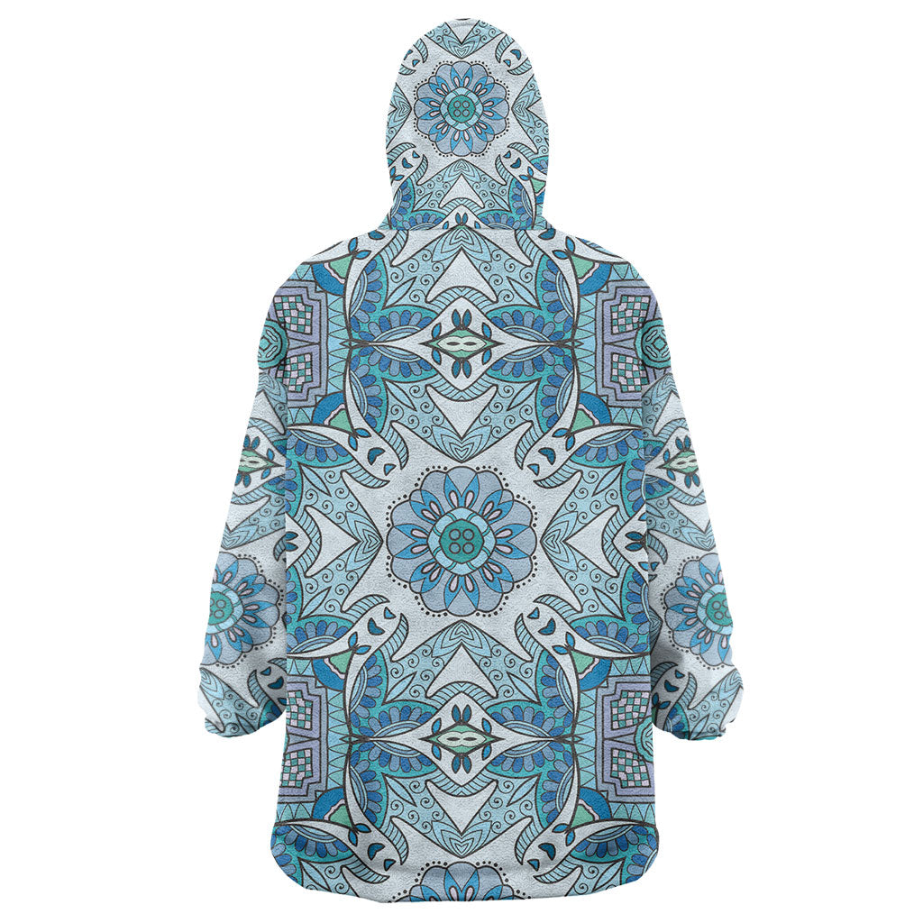 Indian Mandala Pattern Wearable Blanket Hoodie Blue Geometric Floral Mandala
