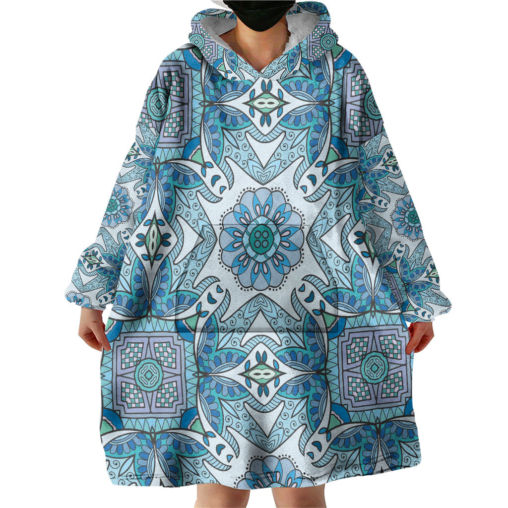 Indian Mandala Pattern Wearable Blanket Hoodie Blue Geometric Floral Mandala