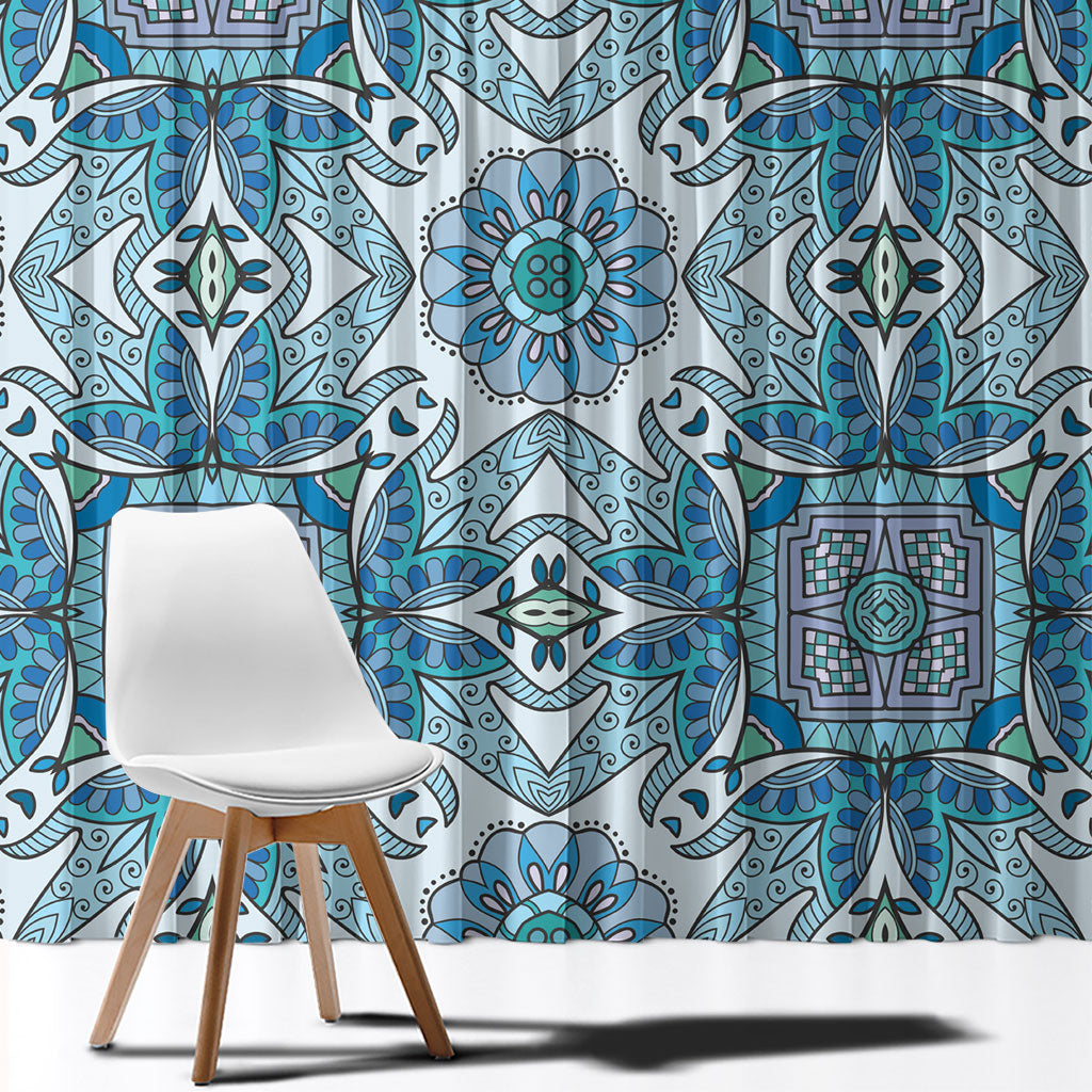 Indian Mandala Pattern Window Curtain Blue Geometric Floral Mandala