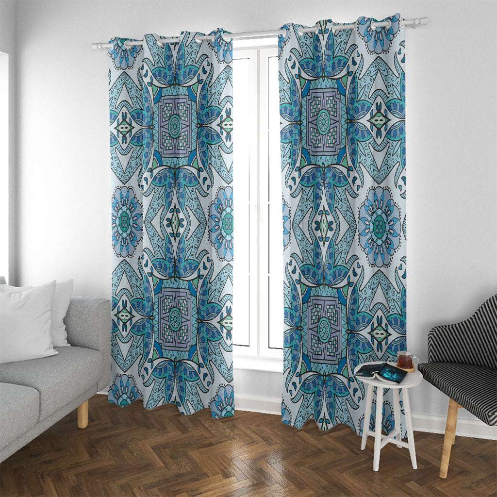 Indian Mandala Pattern Window Curtain Blue Geometric Floral Mandala