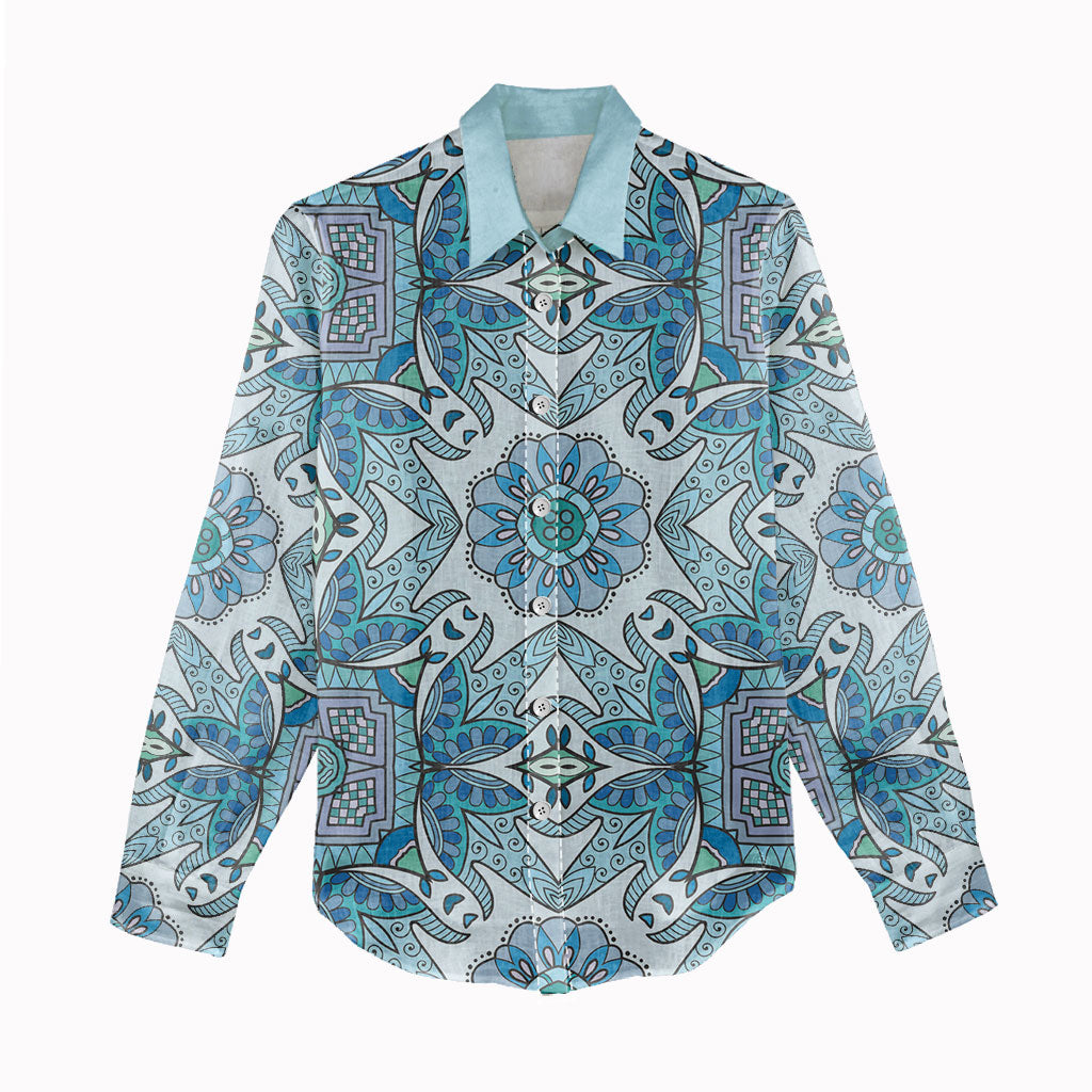Indian Mandala Pattern Women Casual Shirt Blue Geometric Floral Mandala