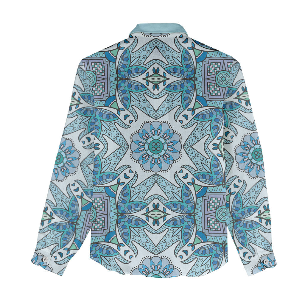 Indian Mandala Pattern Women Casual Shirt Blue Geometric Floral Mandala