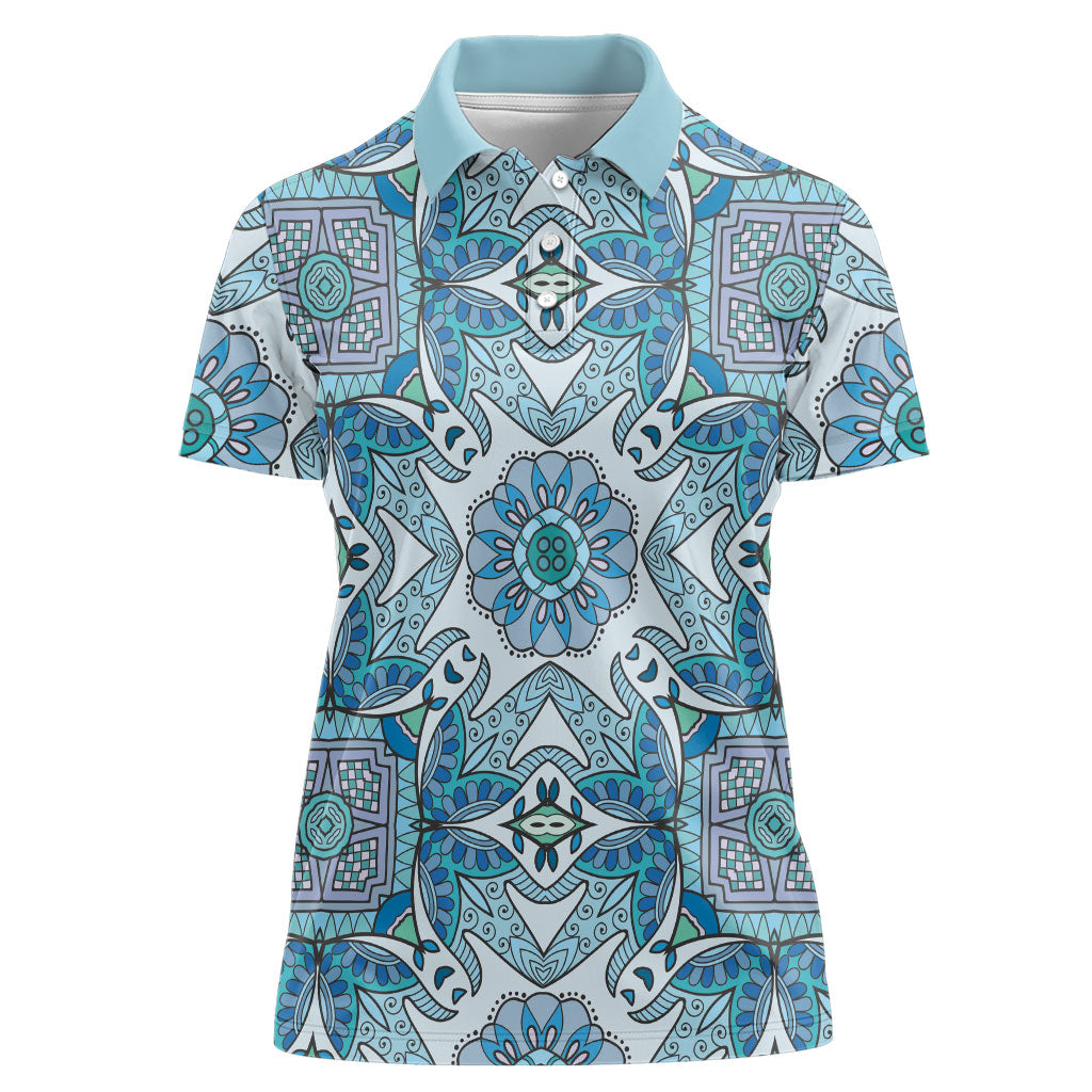 Indian Mandala Pattern Women Polo Shirt Blue Geometric Floral Mandala
