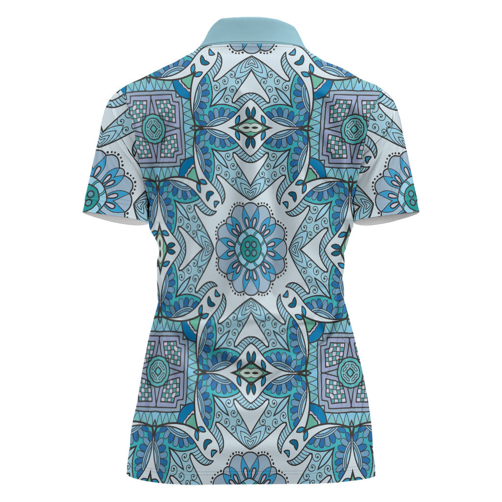 Indian Mandala Pattern Women Polo Shirt Blue Geometric Floral Mandala