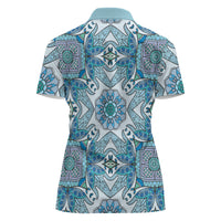 Indian Mandala Pattern Women Polo Shirt Blue Geometric Floral Mandala