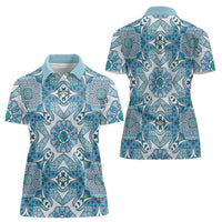 Indian Mandala Pattern Women Polo Shirt Blue Geometric Floral Mandala