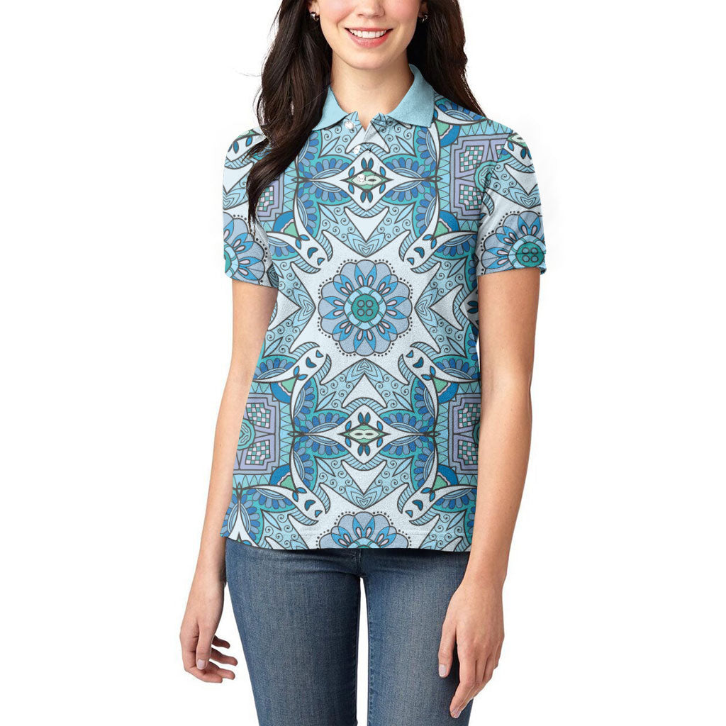 Indian Mandala Pattern Women Polo Shirt Blue Geometric Floral Mandala