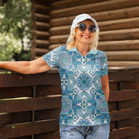 Indian Mandala Pattern Women Polo Shirt Blue Geometric Floral Mandala