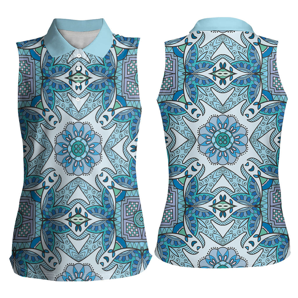 Indian Mandala Pattern Women Sleeveless Polo Shirt Blue Geometric Floral Mandala