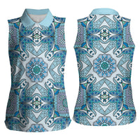 Indian Mandala Pattern Women Sleeveless Polo Shirt Blue Geometric Floral Mandala