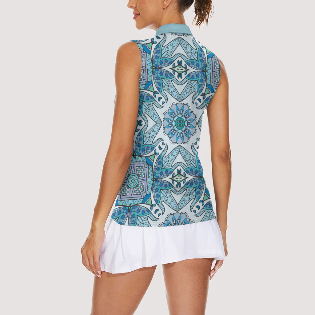 Indian Mandala Pattern Women Sleeveless Polo Shirt Blue Geometric Floral Mandala