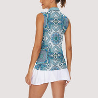 Indian Mandala Pattern Women Sleeveless Polo Shirt Blue Geometric Floral Mandala