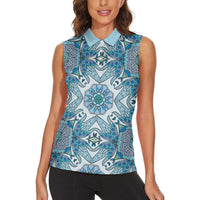 Indian Mandala Pattern Women Sleeveless Polo Shirt Blue Geometric Floral Mandala