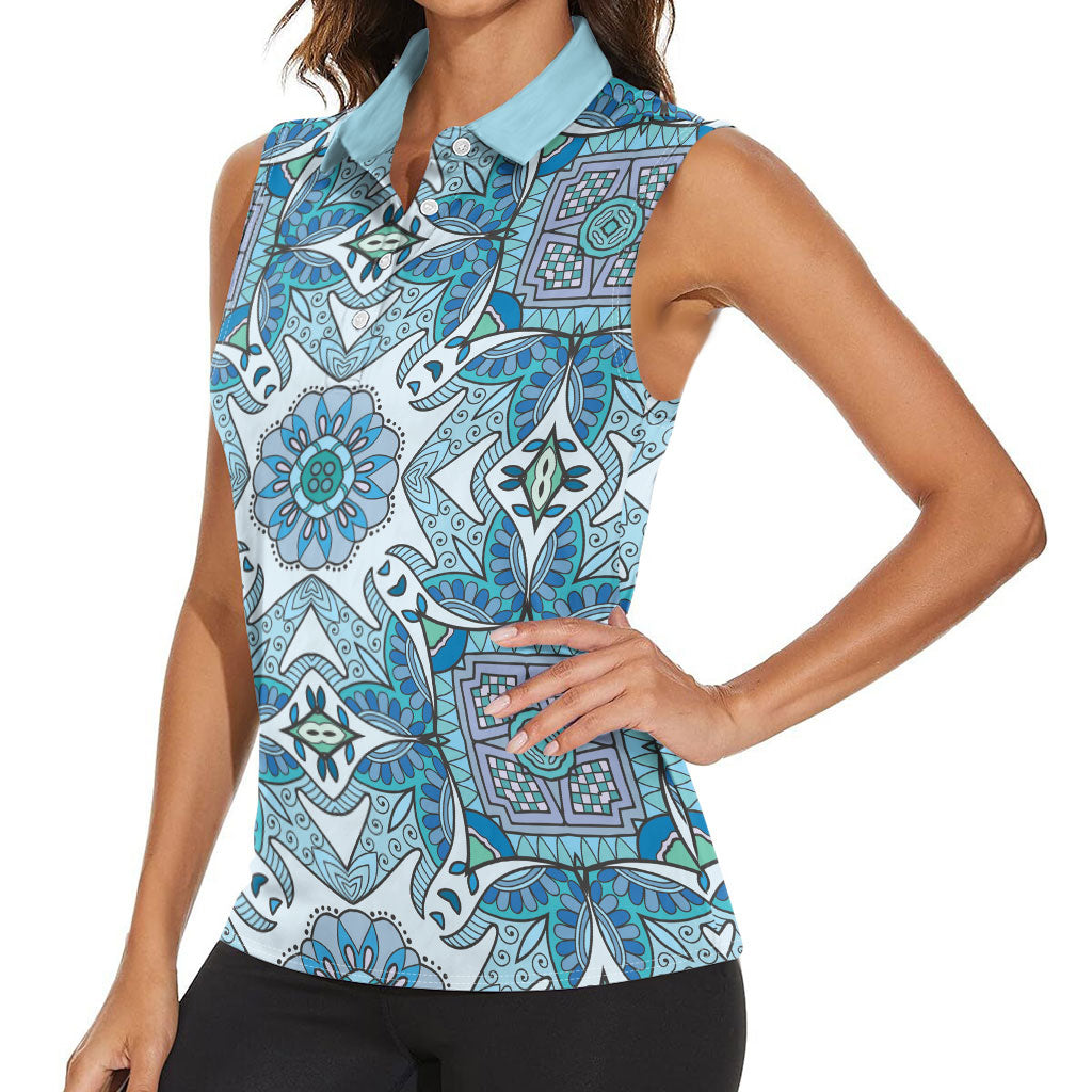Indian Mandala Pattern Women Sleeveless Polo Shirt Blue Geometric Floral Mandala