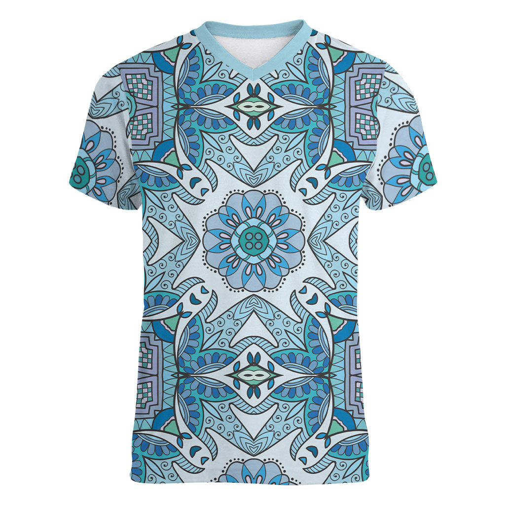 Indian Mandala Pattern Women V-Neck T-Shirt Blue Geometric Floral Mandala